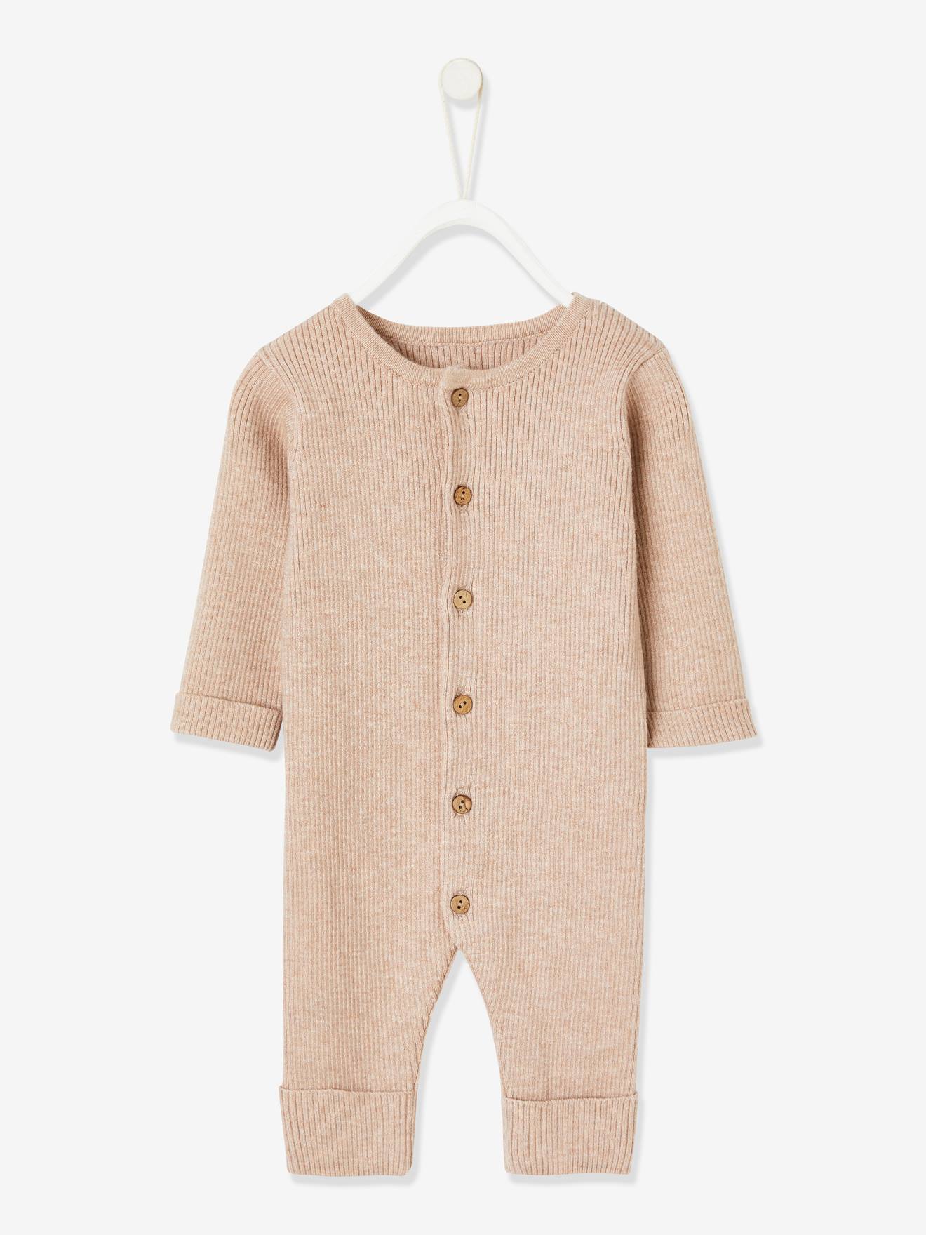 Combinaison en côtes bébé manches longues beige chiné (Vertbaudet) - Image 1