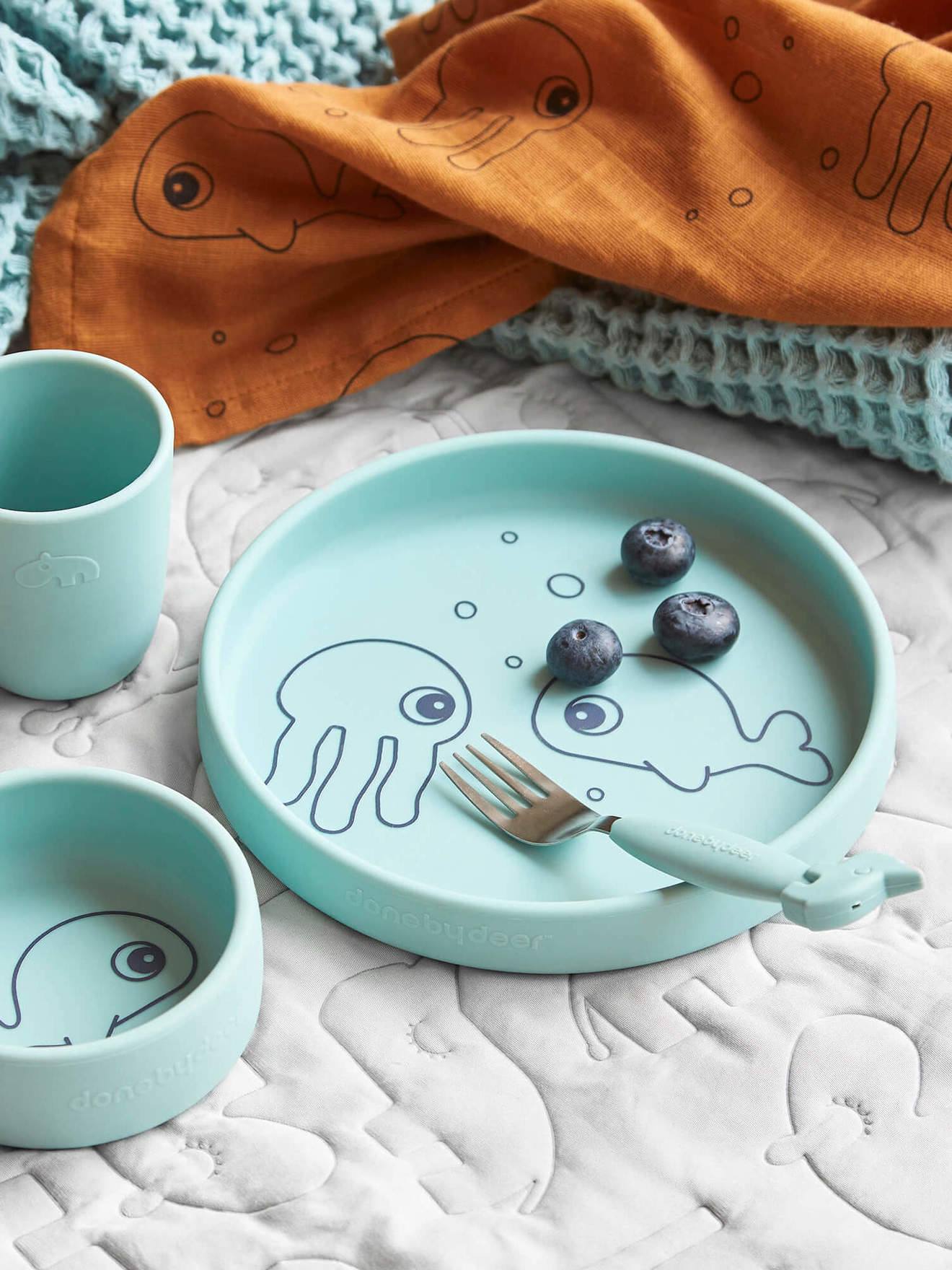Coffret repas 3 pièces DONE BY DEER Sea Friends en silicone bleu