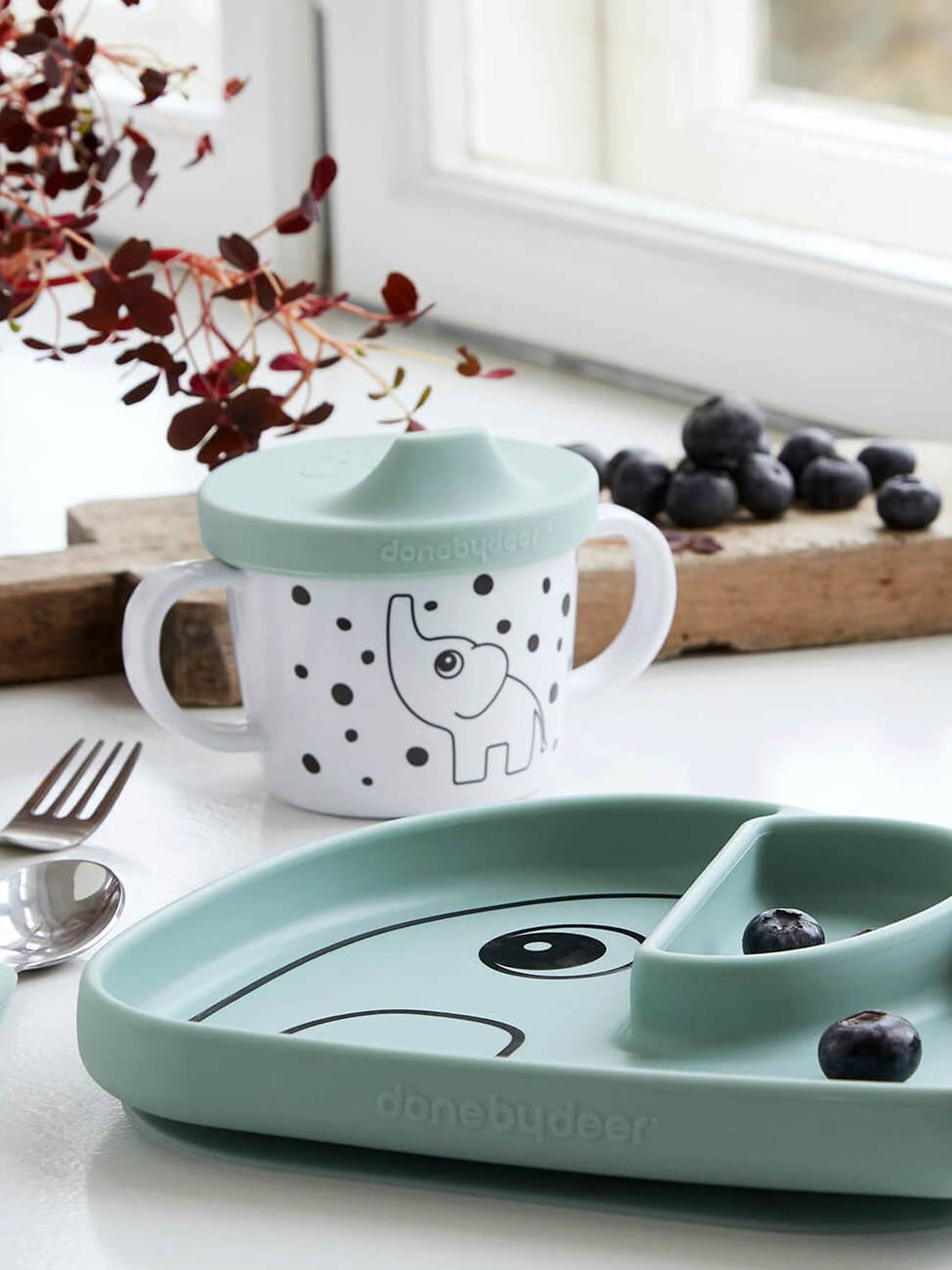 Assiette DONE BY DEER Stick&Stay Elephant en silicone bleu