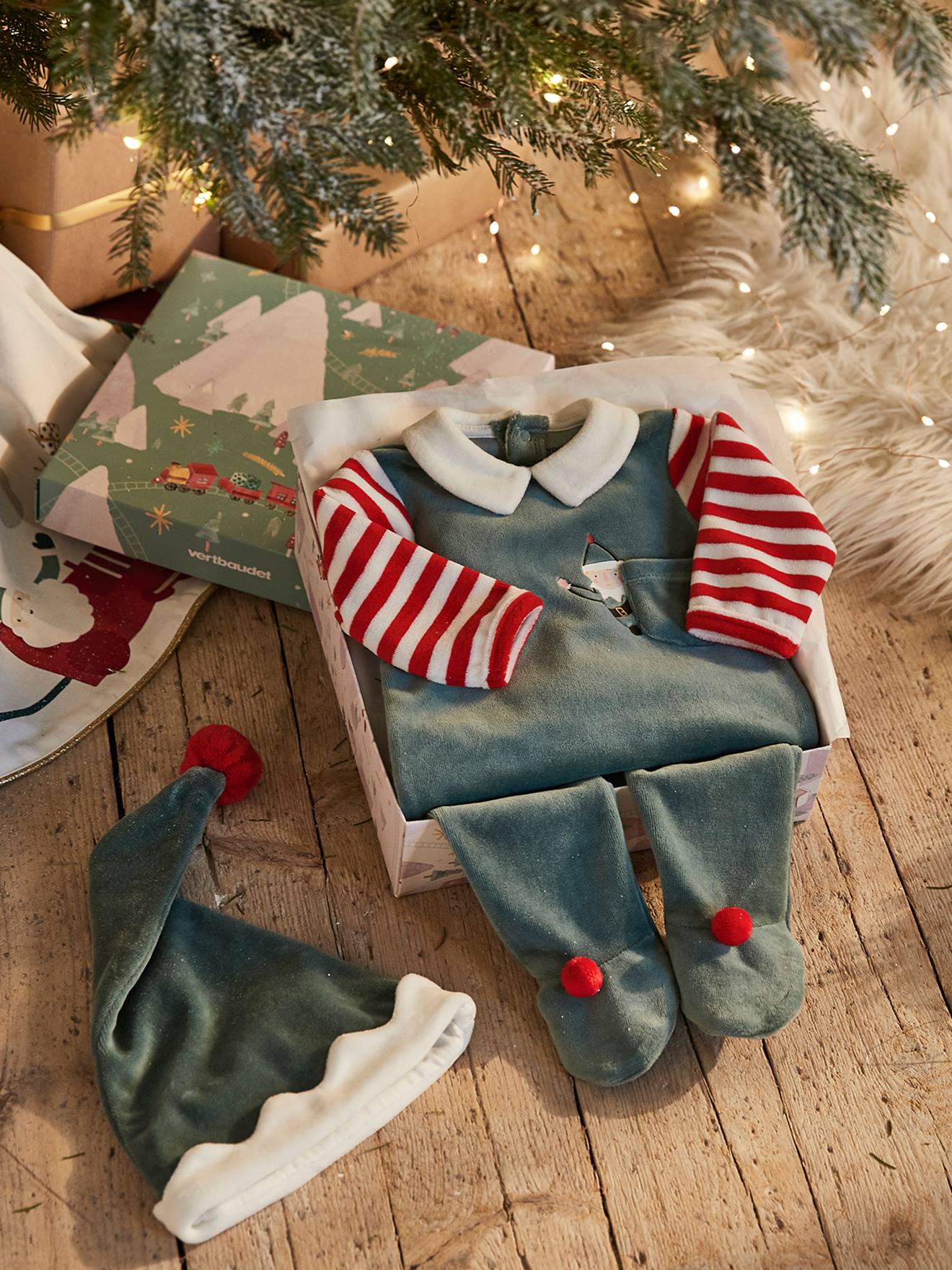 Pyjama bébé mixte + bonnet Joyeux Lutin coffret cadeau Noël vert sapin (Vertbaudet) - Image 2