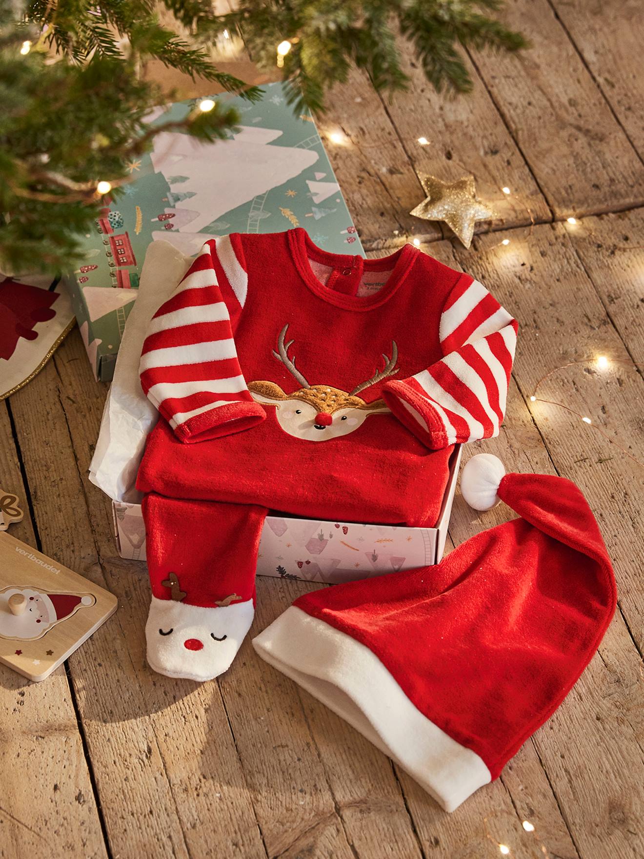 Coffret cadeau de Noël bébé dors-bien en velours + bonnet rouge brique