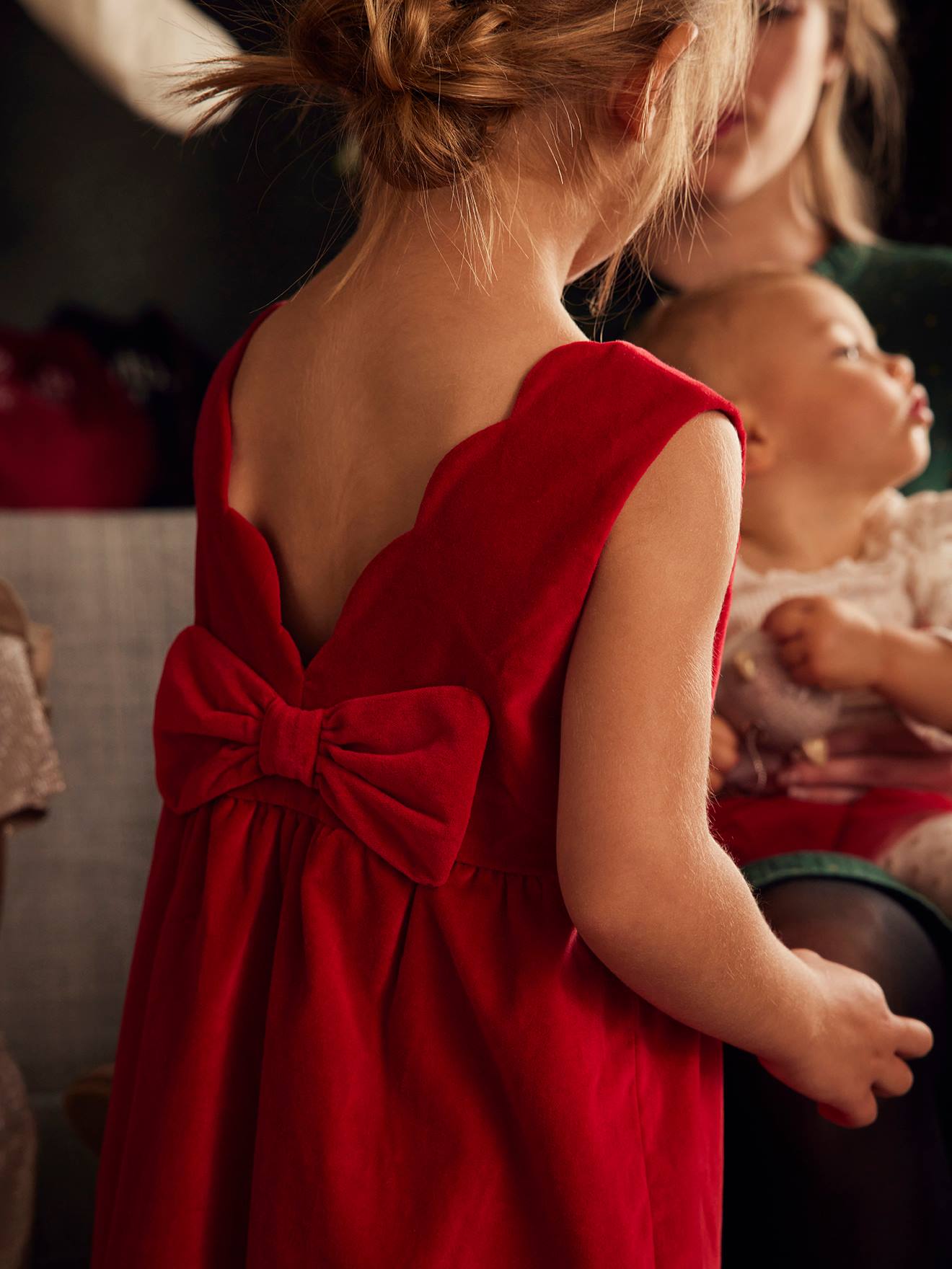 Robe de fête en velours lisse fille noeud au dos rouge