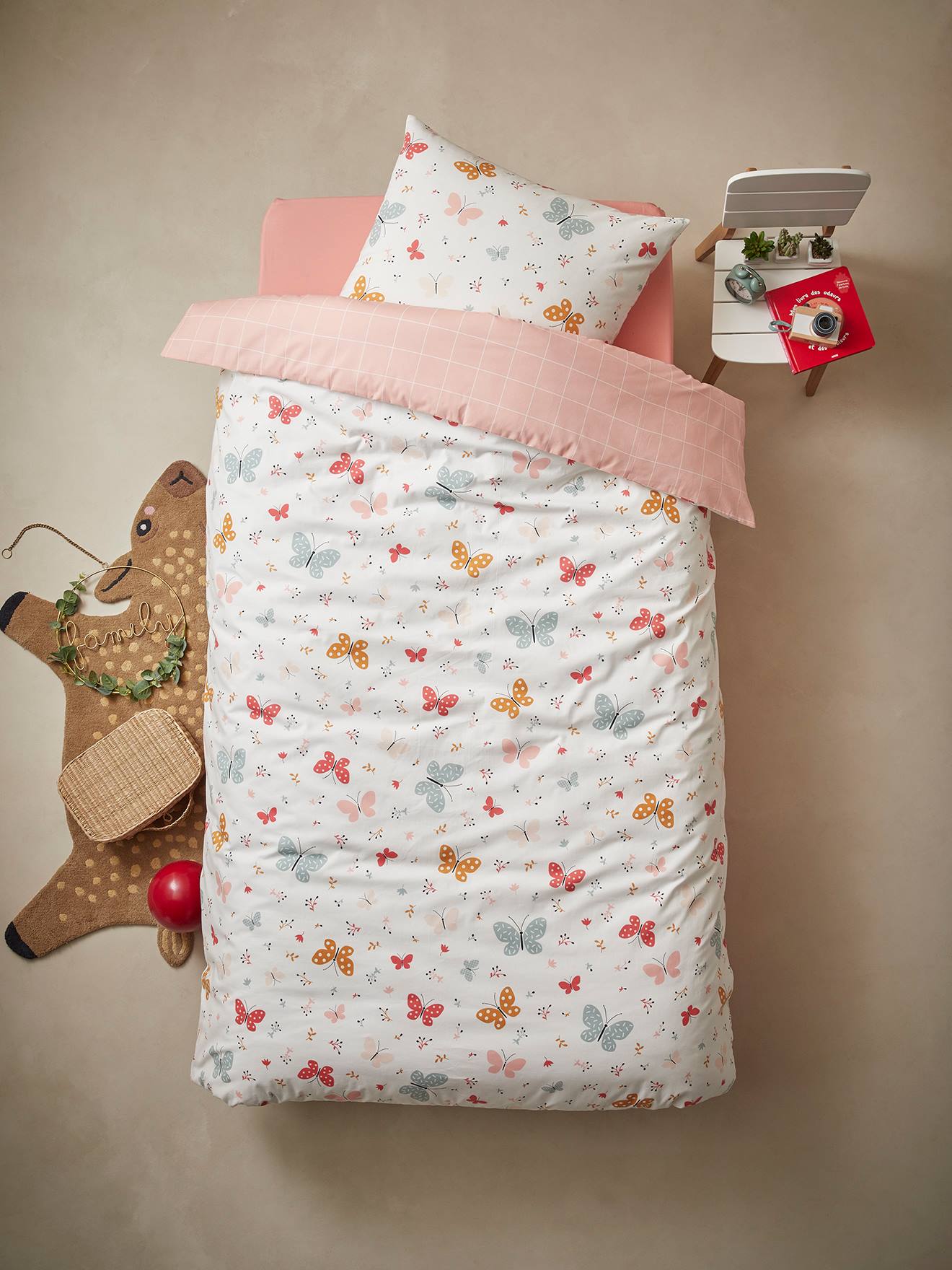 Parure housse de couette + taie d'oreiller enfant PAPILLONS rose