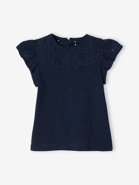 T-shirt fille avec détails broderie anglaise  Oeko-Tex® bleu grisé+bleu marine+corail+jaune pâle+moutarde+vert pâle 4 - vertbaudet enfant 
