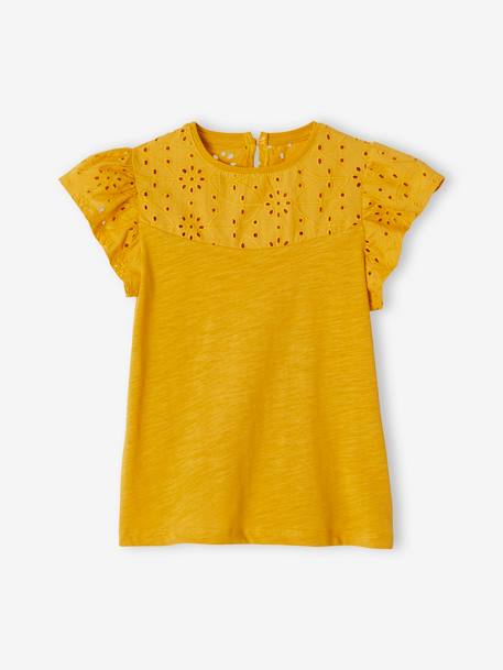 T-shirt fille avec détails broderie anglaise  Oeko-Tex® bleu grisé+bleu marine+corail+jaune pâle+moutarde+vert pâle 17 - vertbaudet enfant 