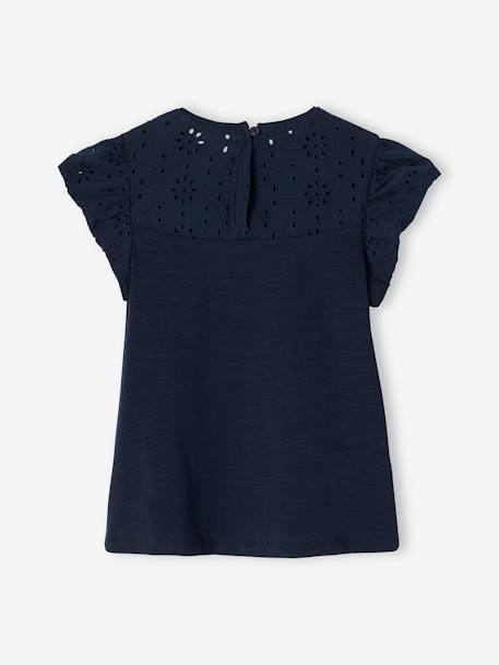 T-shirt fille avec détails broderie anglaise blanc+bleu marine+corail+fuchsia+mauve+vert pâle 9 - vertbaudet enfant 