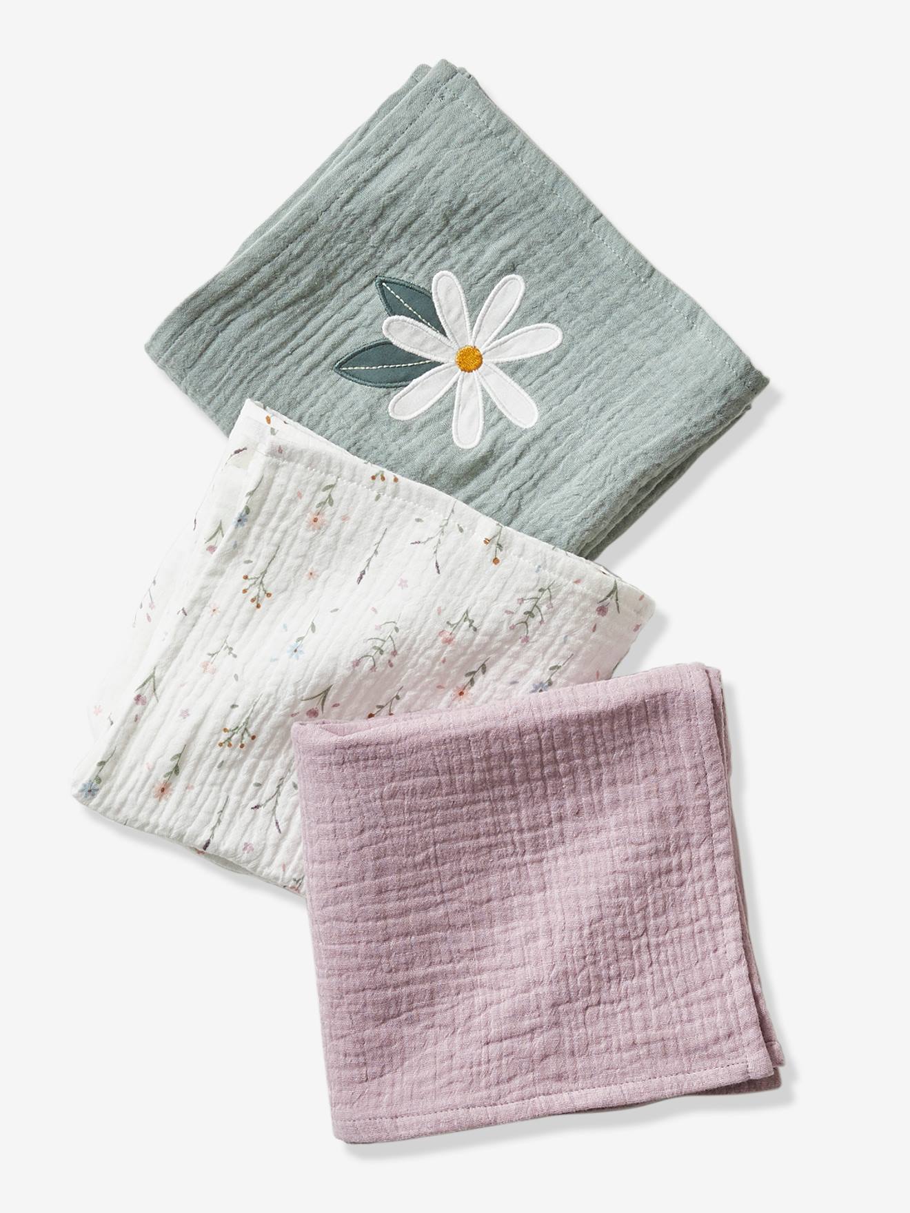Lot de 3 langes en gaze de coton DOUCE PROVENCE parme / écru / vert