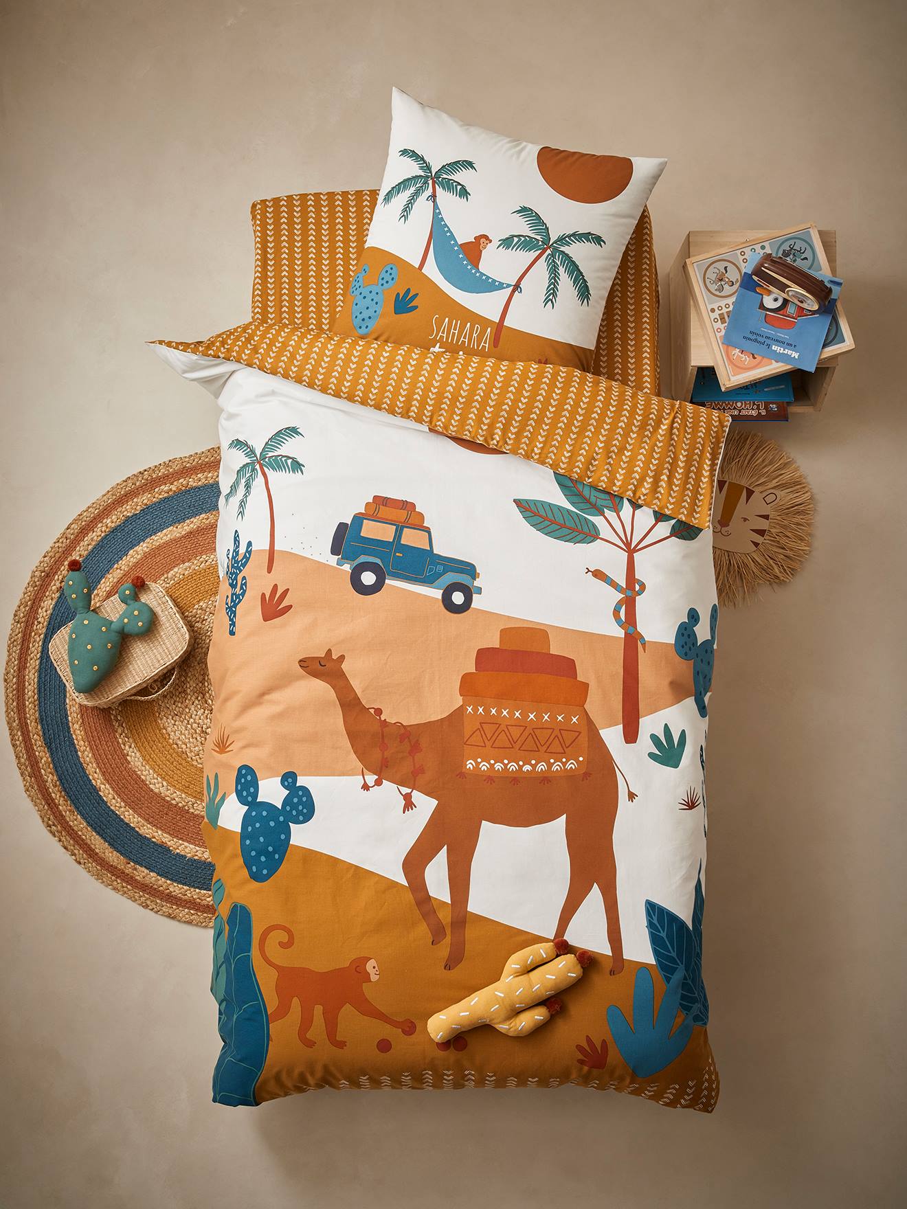 Parure housse de couette + taie d'oreiller enfant WILD SAHARA camel / multicolore