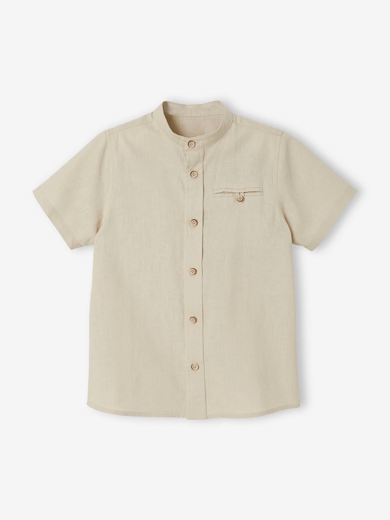 Chemise col Mao garçon en coton/ lin manches courtes beige