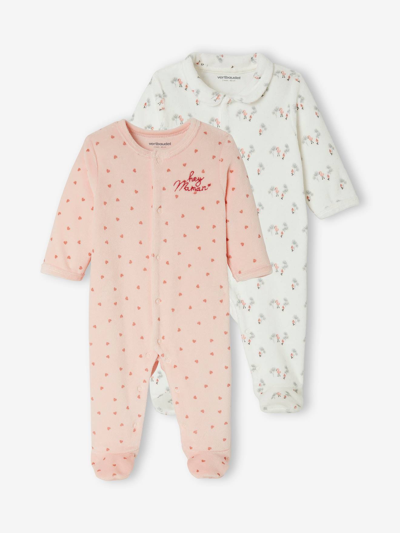 Lot de 2 pyjamas bébé en velours ouverture naissance rose pâle - Vertbaudet