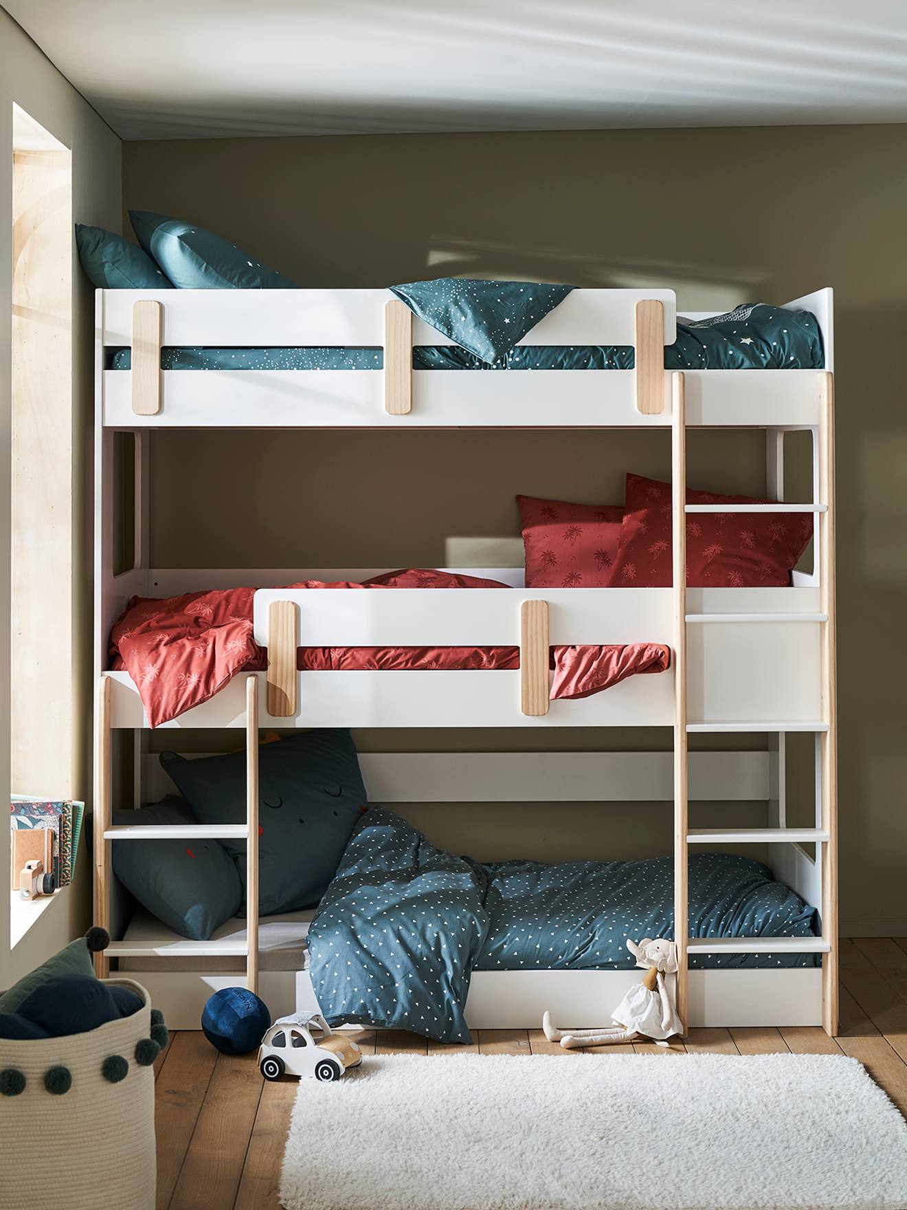 Lit superposé triple Everest 90x190cm blanc/bois