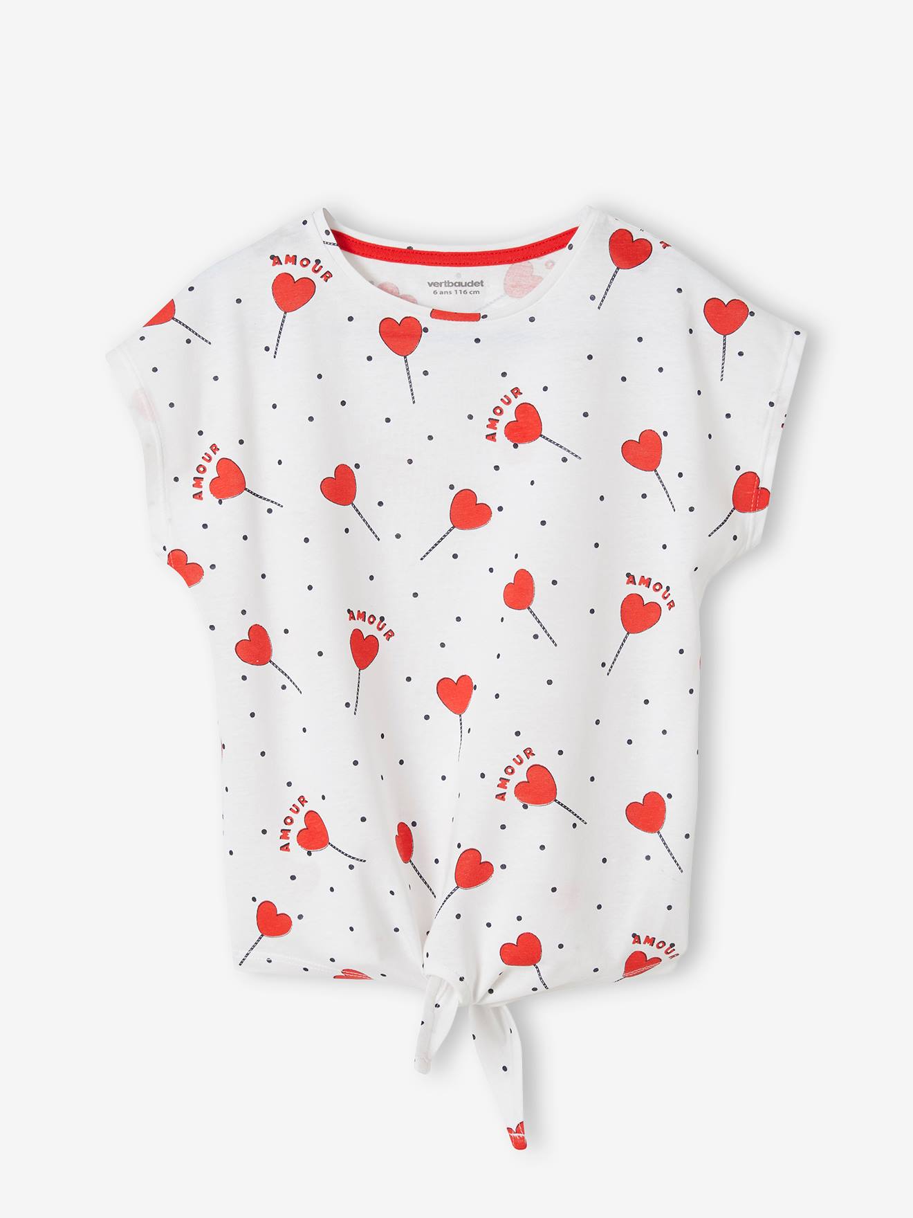 T-shirt imprimé fille avec noeud fantaisie blanc / rouge