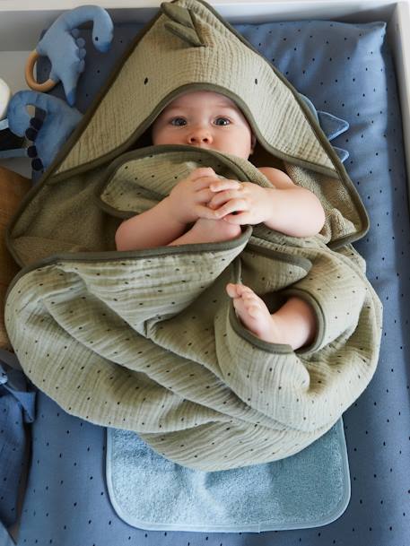 Cape de bain bébé en gaze de coton + gant de toilette PETIT DINO Oeko-Tex® bleu+vert 13 - vertbaudet enfant 
