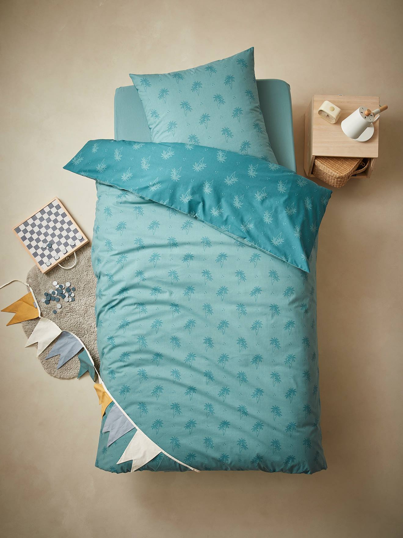 Parure housse de couette + taie d'oreiller enfant PALMIERS bleu vert