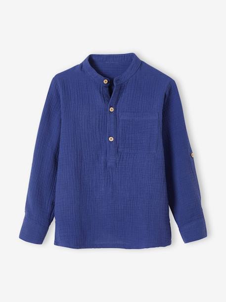 Chemise Garçon à Col Mao Fleurie - 100% Coton - Manches Longues Boutonnables - Poche Poitrine - Vertbaudet