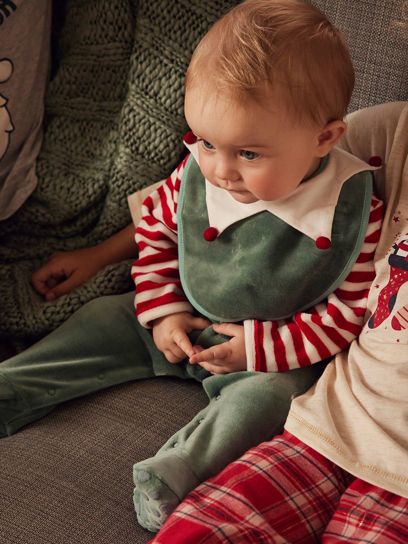 Coffret cadeau de Noël bébé dors-bien en velours + bavoir vert sapin