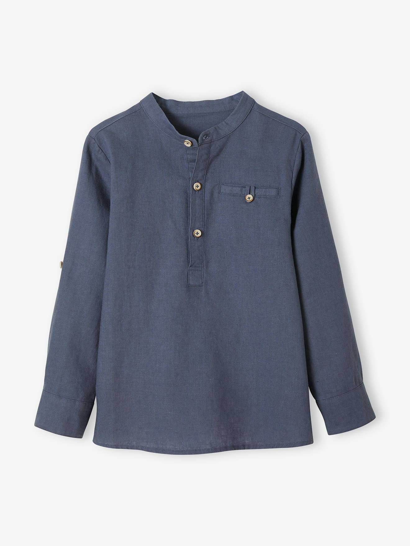 Vertbaudet - Chemise col Mao en coton/lin garçon manches retroussables bleu moyen