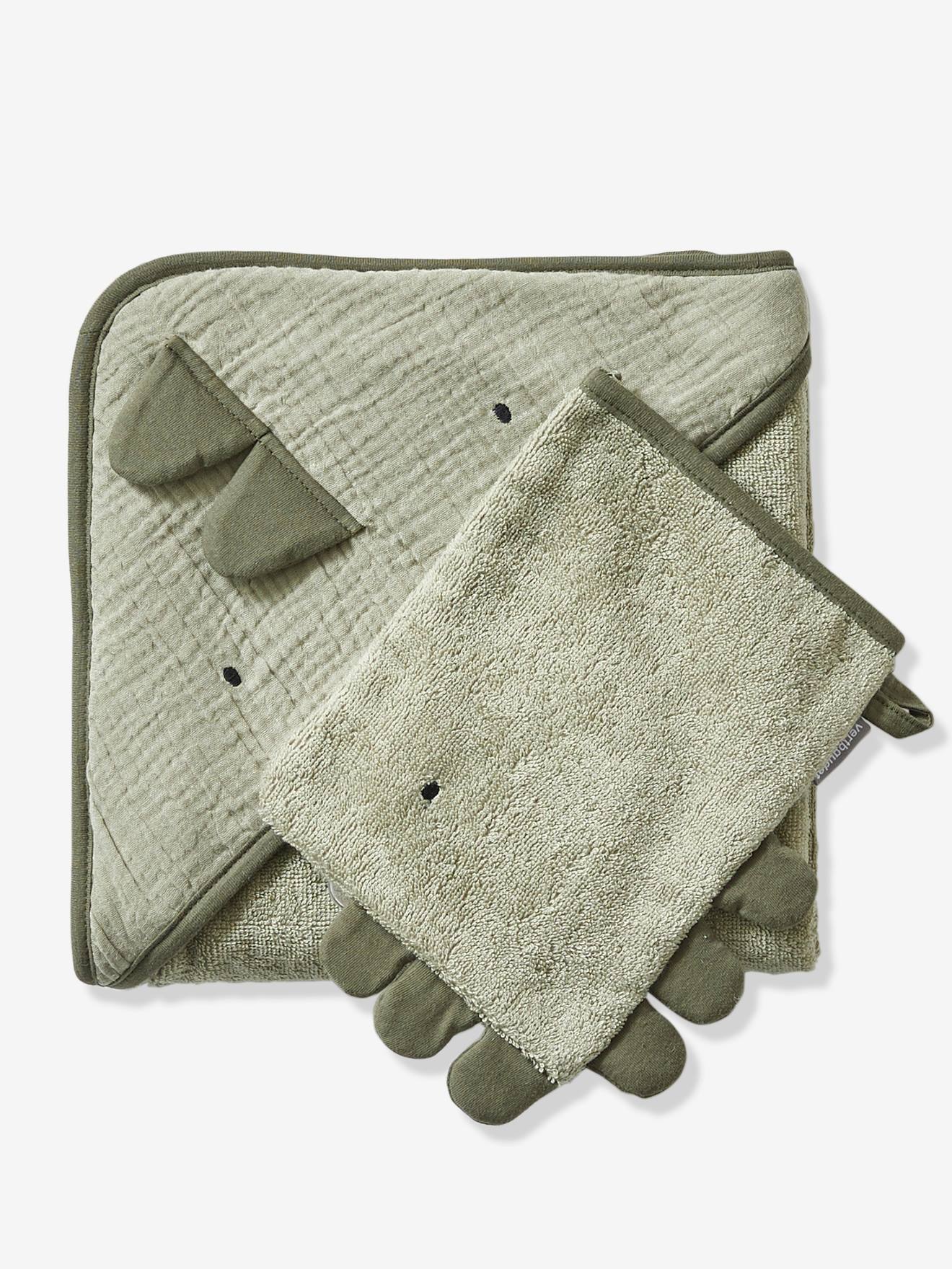 Cape de bain gaze de coton + gant de toilette PETIT DINO vert (Vertbaudet) - Image 2