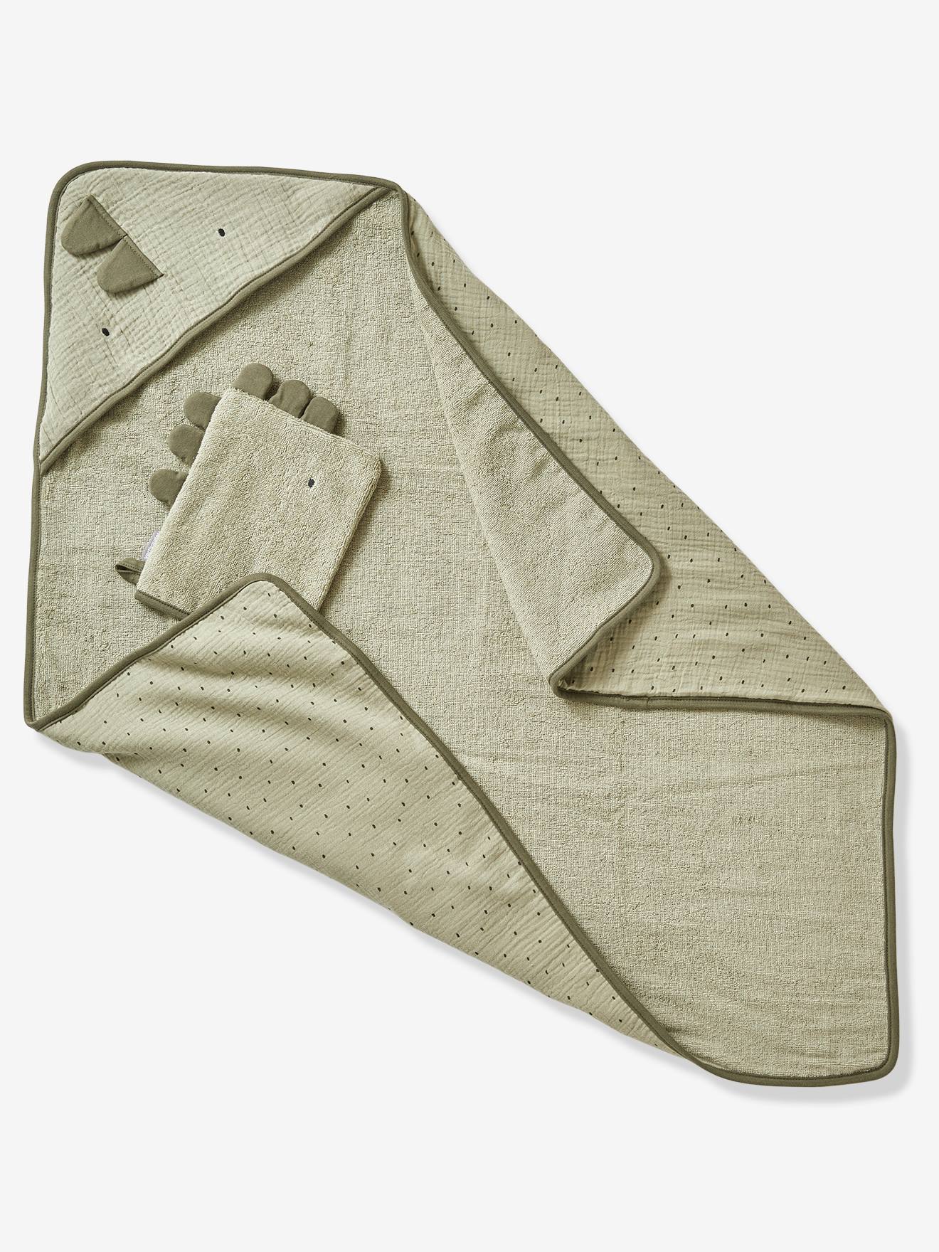 Cape de bain gaze de coton + gant de toilette PETIT DINO vert (Vertbaudet) - Image 1