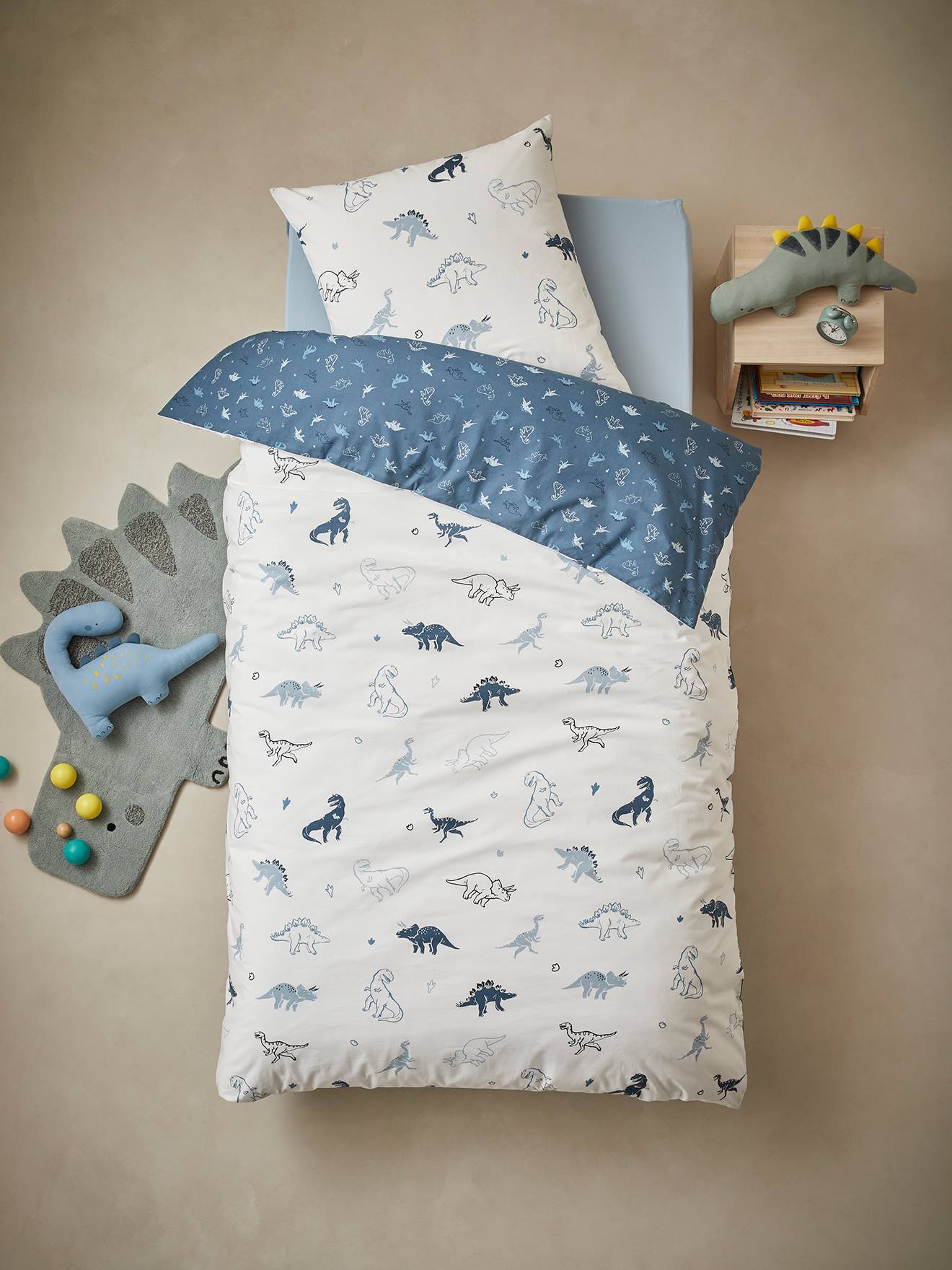 Parure de lit housse de couette + taie d'oreiller enfant HELLO DINOS écru / vert