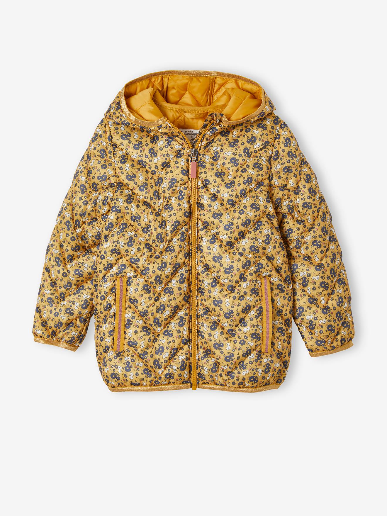 Doudoune légère à capuche fille motifs imprimés moutarde imprimé