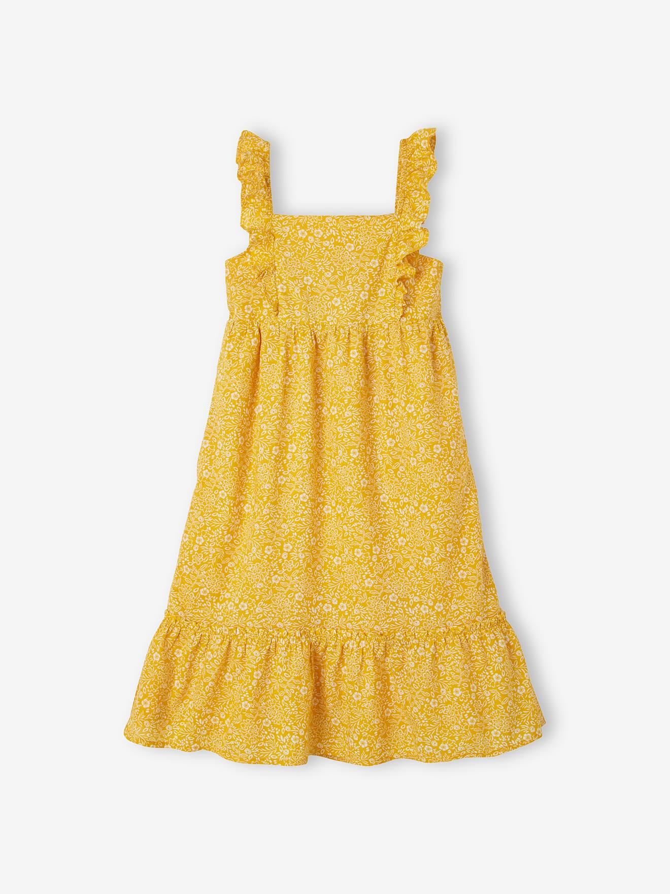 robe à bretelle volantées fille jaune curry imprimé