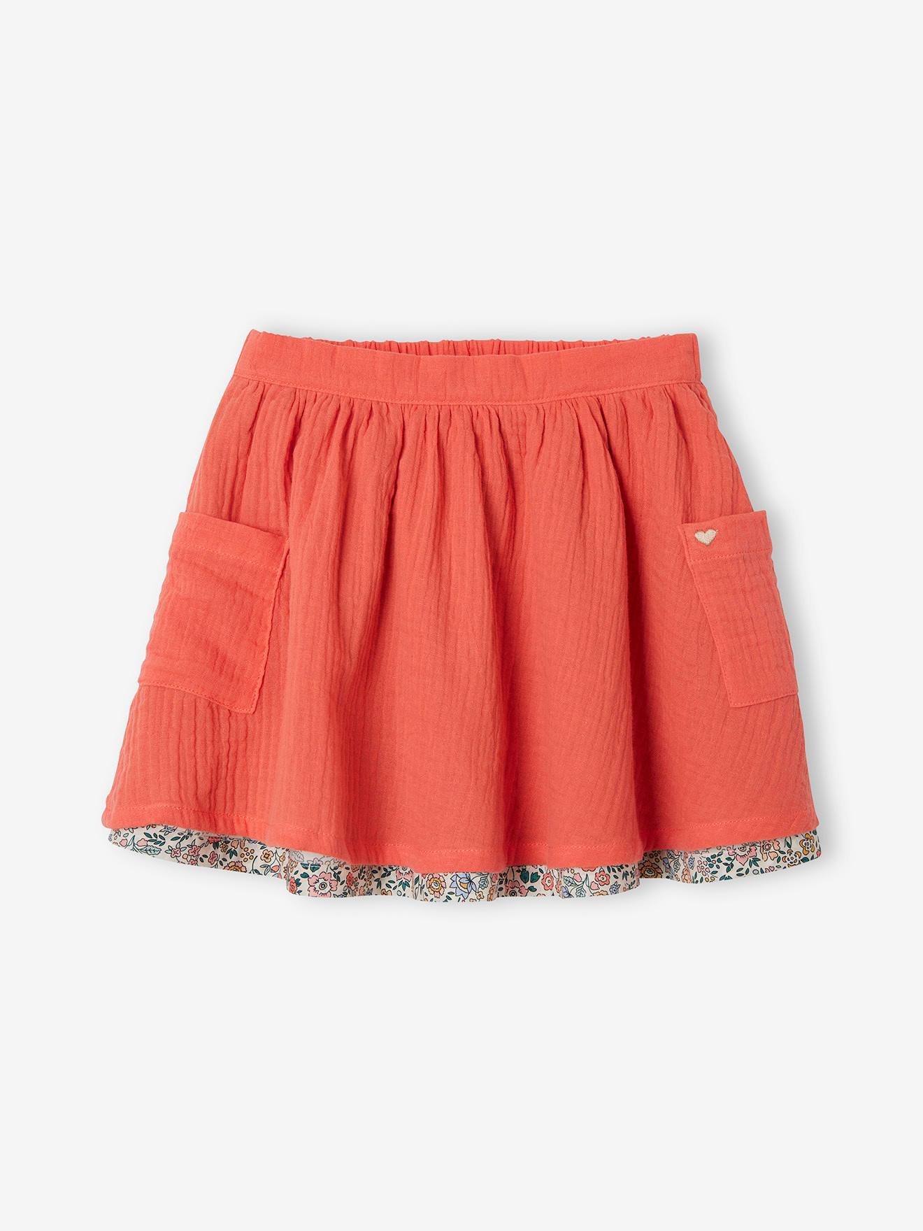 Vertbaudet - Jupe réversible fille en gaze de coton et imprimé fleurs rose pivoine