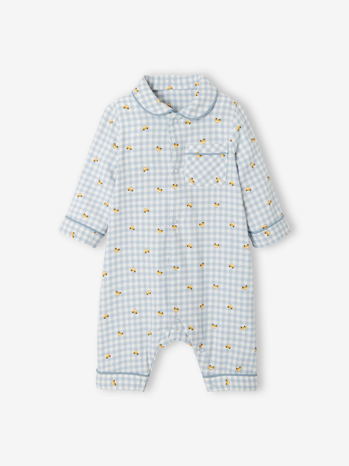 Pyjama bébé en flanelle de coton ouverture naissance carreaux ivoire (Vertbaudet) - Image 1