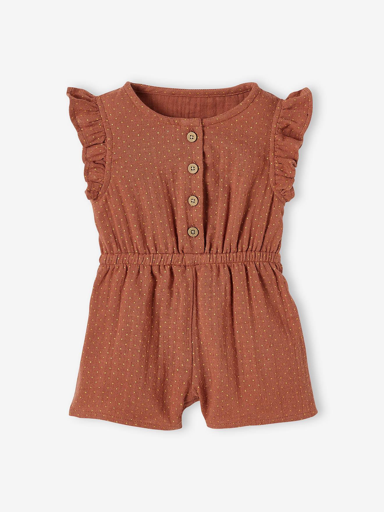 Combi-short en gaze de coton bébé terracotta imprimé