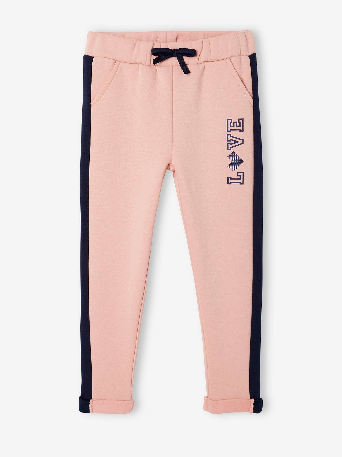 Pantalon de sport fille en molleton bandes côtés rose