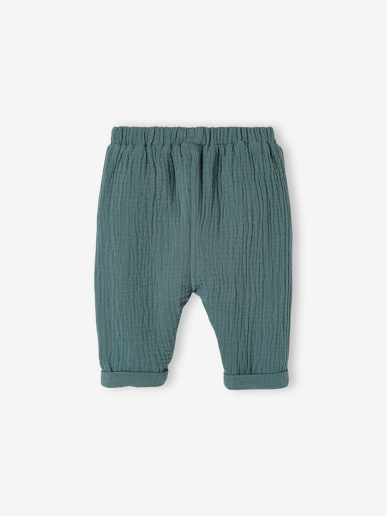 Pantalon bébé mixte coupe sarouel en gaze de coton bleu (Vertbaudet) - Image 1