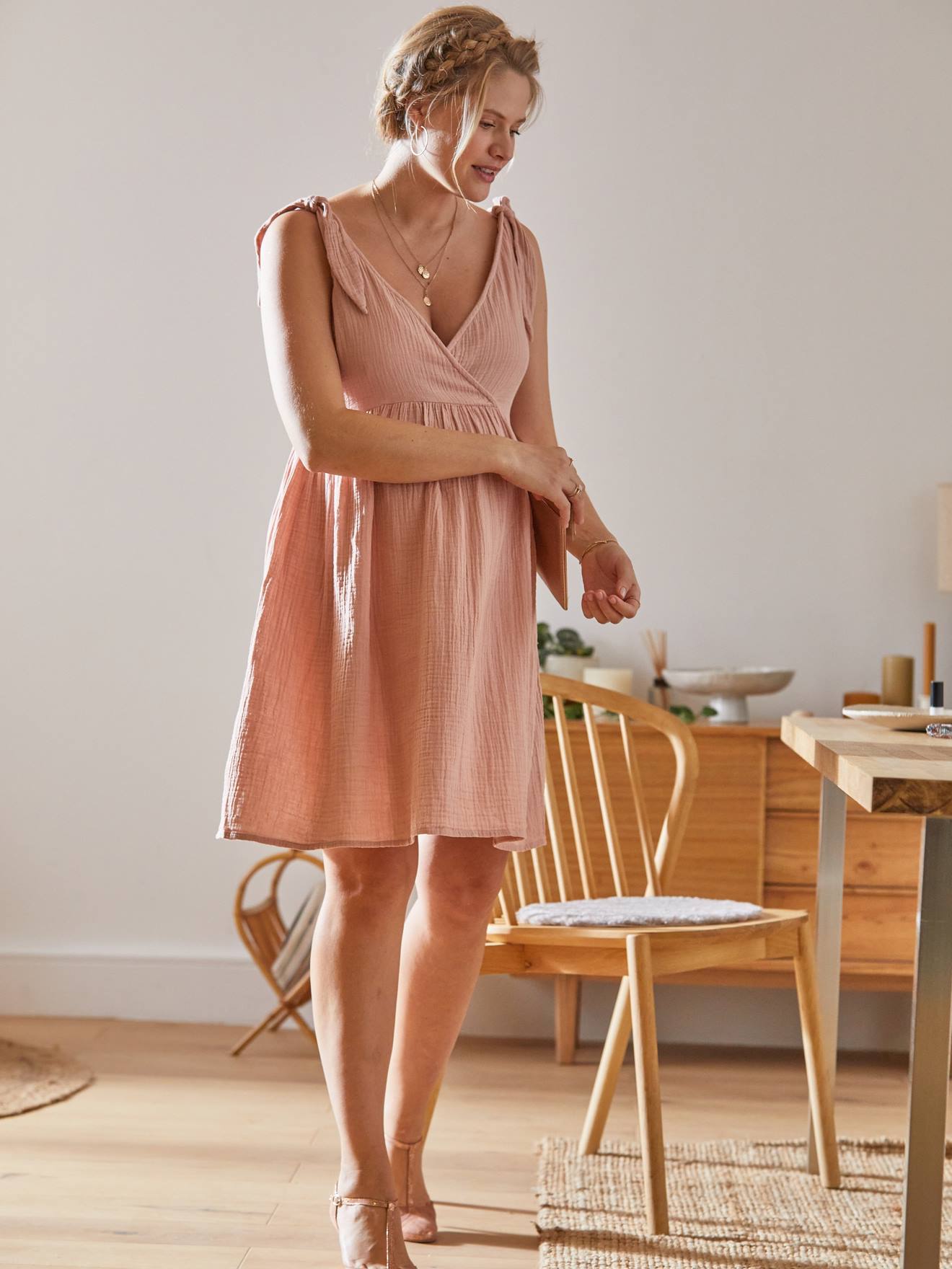 Robe courte gaze de coton grossesse et allaitement rose