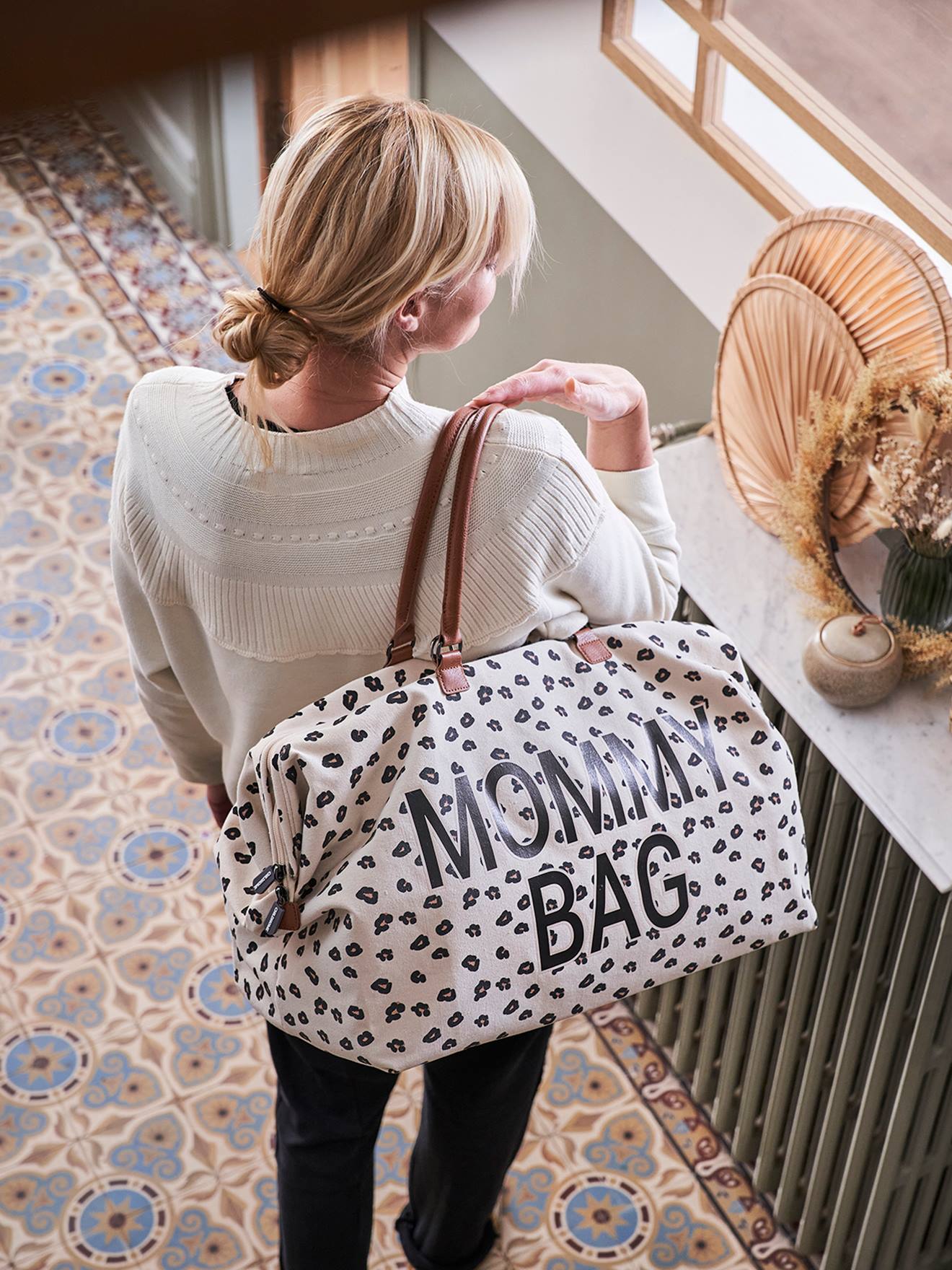 Sac à langer Mommy bag large canvas CHILDHOME blanc cassé léopard