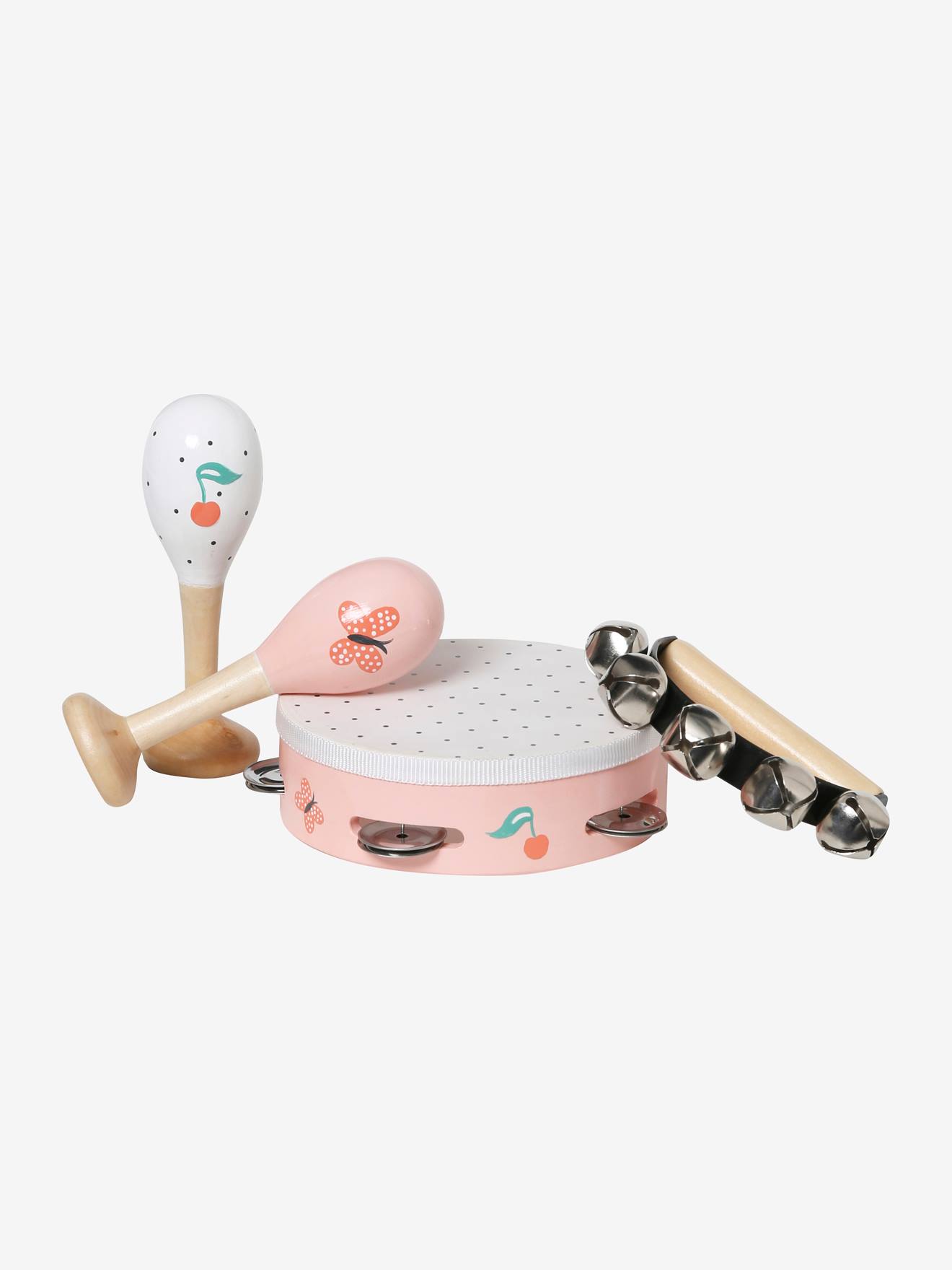 Set 3 instruments : maracas, tambourin, grelots en bois FSC® bébé cerise