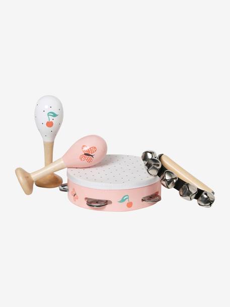 Set 3 instruments : maracas, tambourin, grelots en bois FSC® multicolore+Rose 5 - vertbaudet enfant 