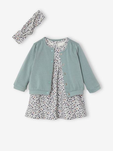 Ensemble 3 Piece Robe Cardigan Bandeau Bebe Fille Ecru Imprime Vert Vertbaudet