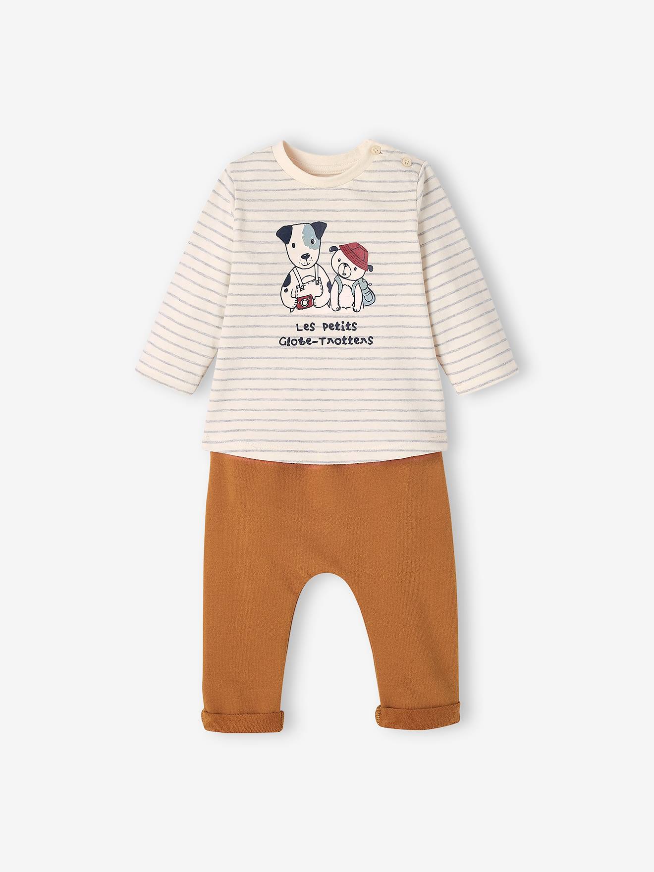 Ensemble bébé tee-shirt et pantalon en molleton rayé / caramel (Vertbaudet) - Image 2