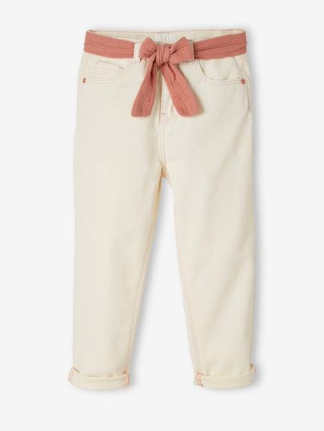 Pantalon 'mom fit' et sa ceinture en gaze de coton fille ivoire+rose+vert 3 - vertbaudet enfant 
