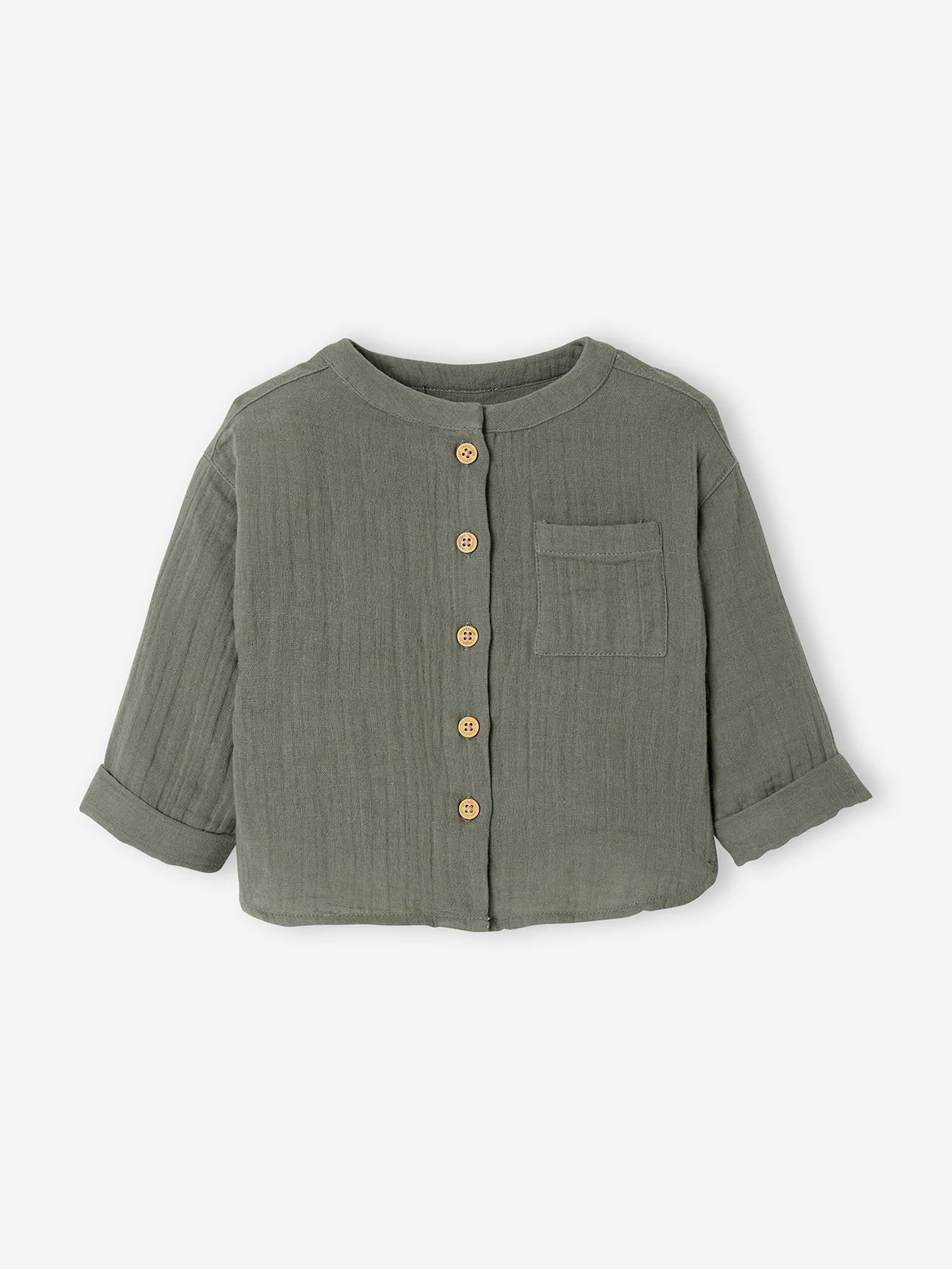 Chemise bébé col mao en gaze de coton personnalisable vert foncé