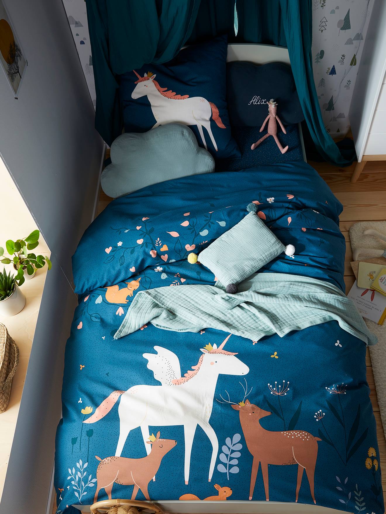 Parure housse de couette + taie d'oreiller enfant FORET ENCHANTEE bleu