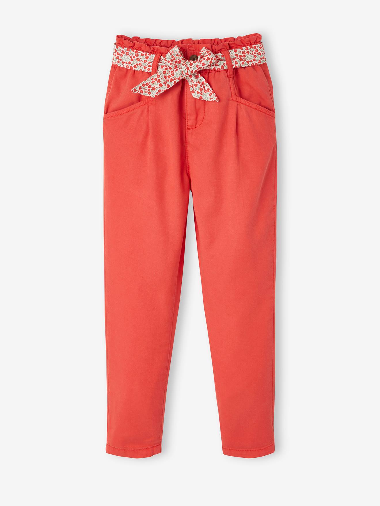 Pantalon carrot fille avec ceinture foulard imprimée rouge