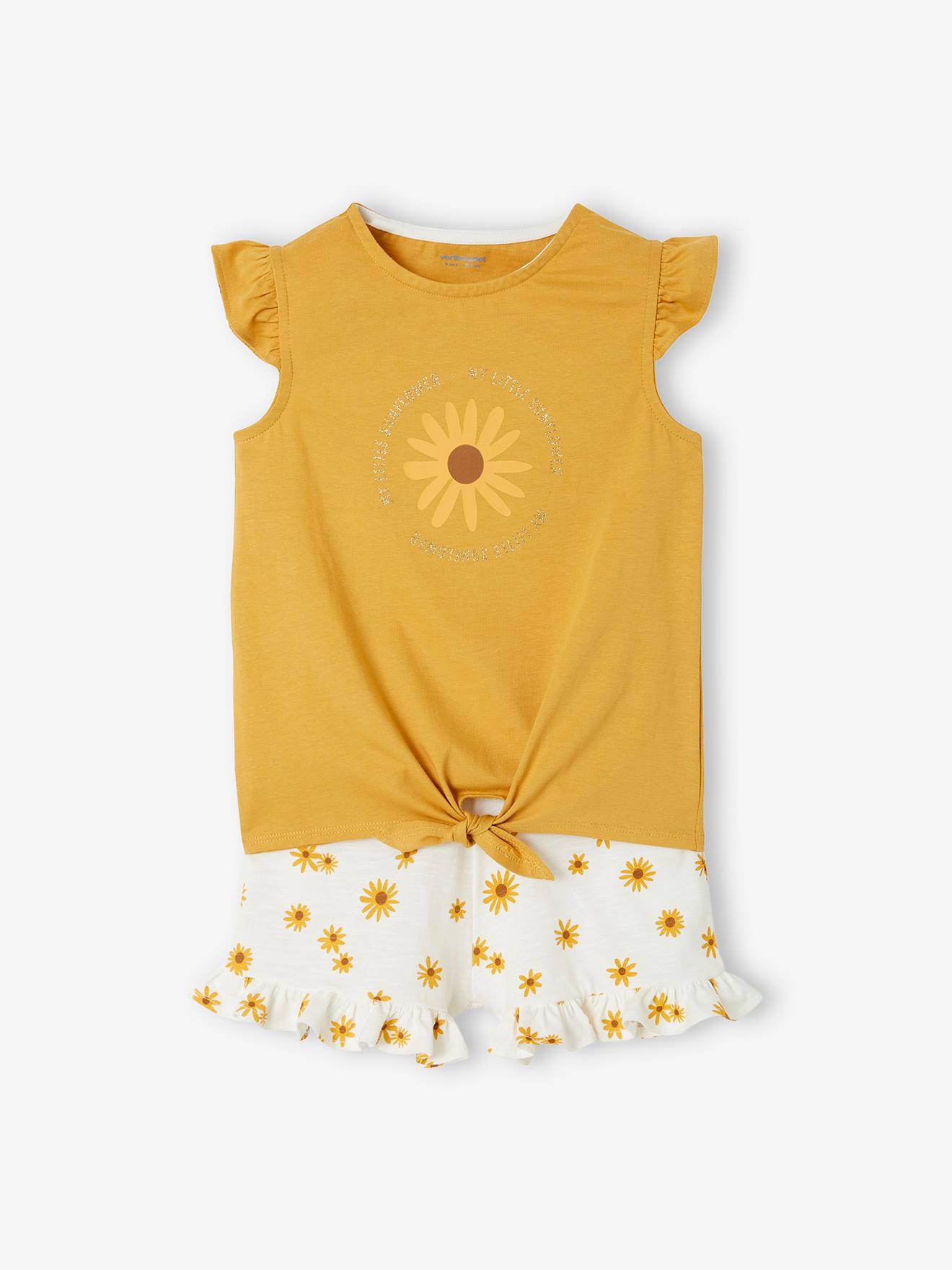 Ensemble T-shirt effet noué et short à volants fille jaune d'or