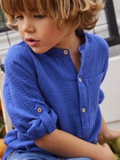 Vêtements bébé et enfants à personnaliser-Chemise en gaze de coton personnalisable garçon manches retroussables