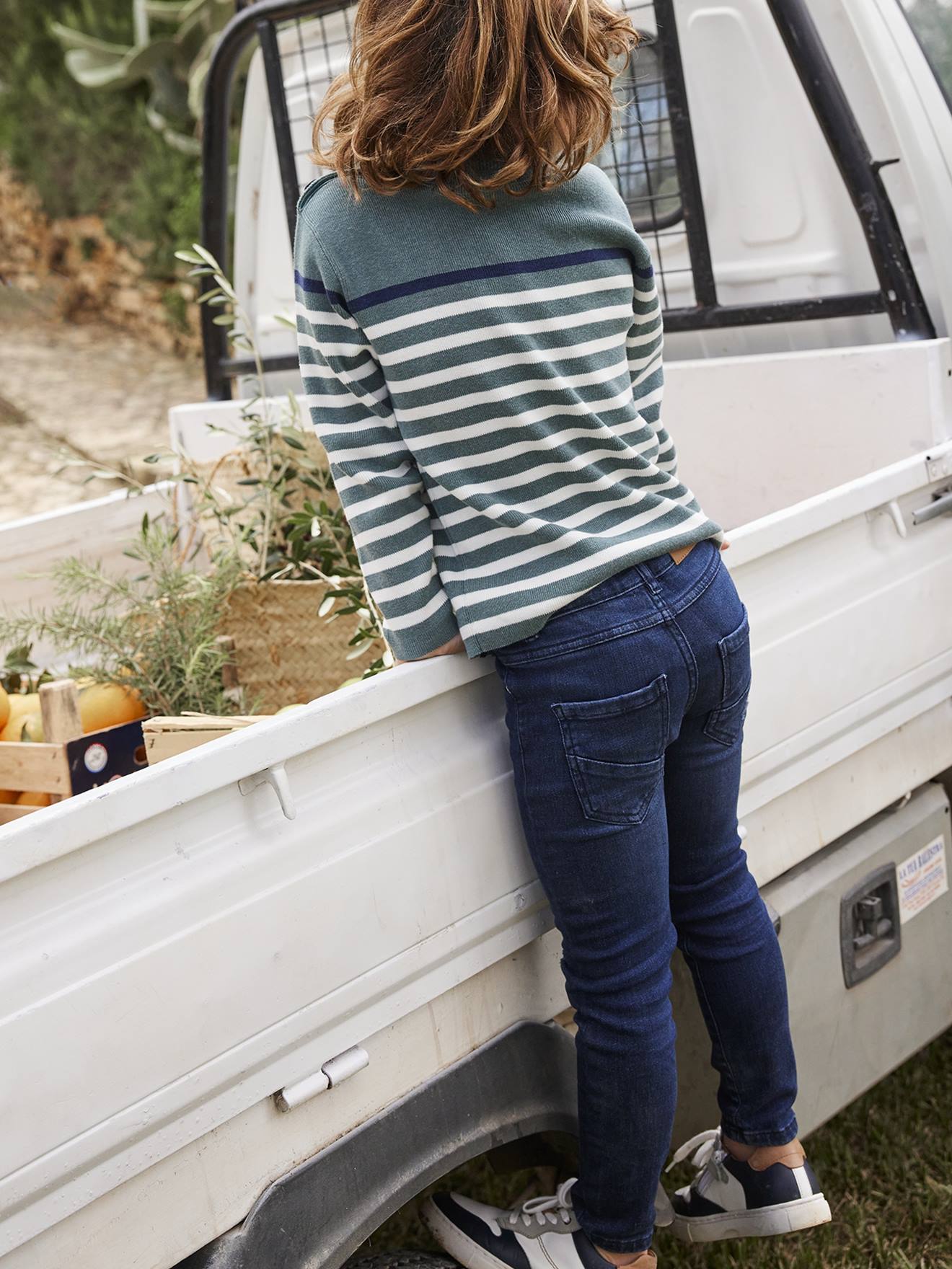 Pull marin garçon sauge rayé marine et ivoire