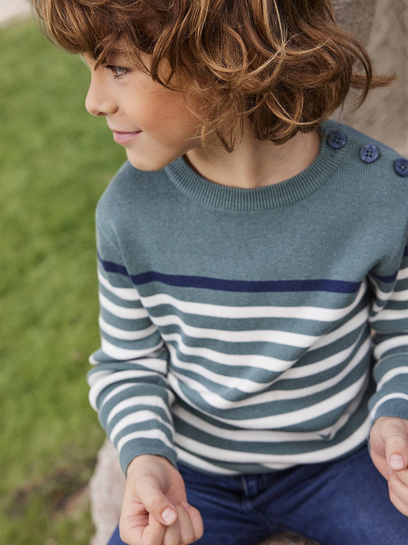 Pull marin garçon sauge rayé marine et ivoire