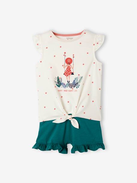 Ensemble T-shirt effet noué et short à volants fille blanc / vert+bleu / rose+jaune d'or+rose / corail foncé 1 - vertbaudet enfant 