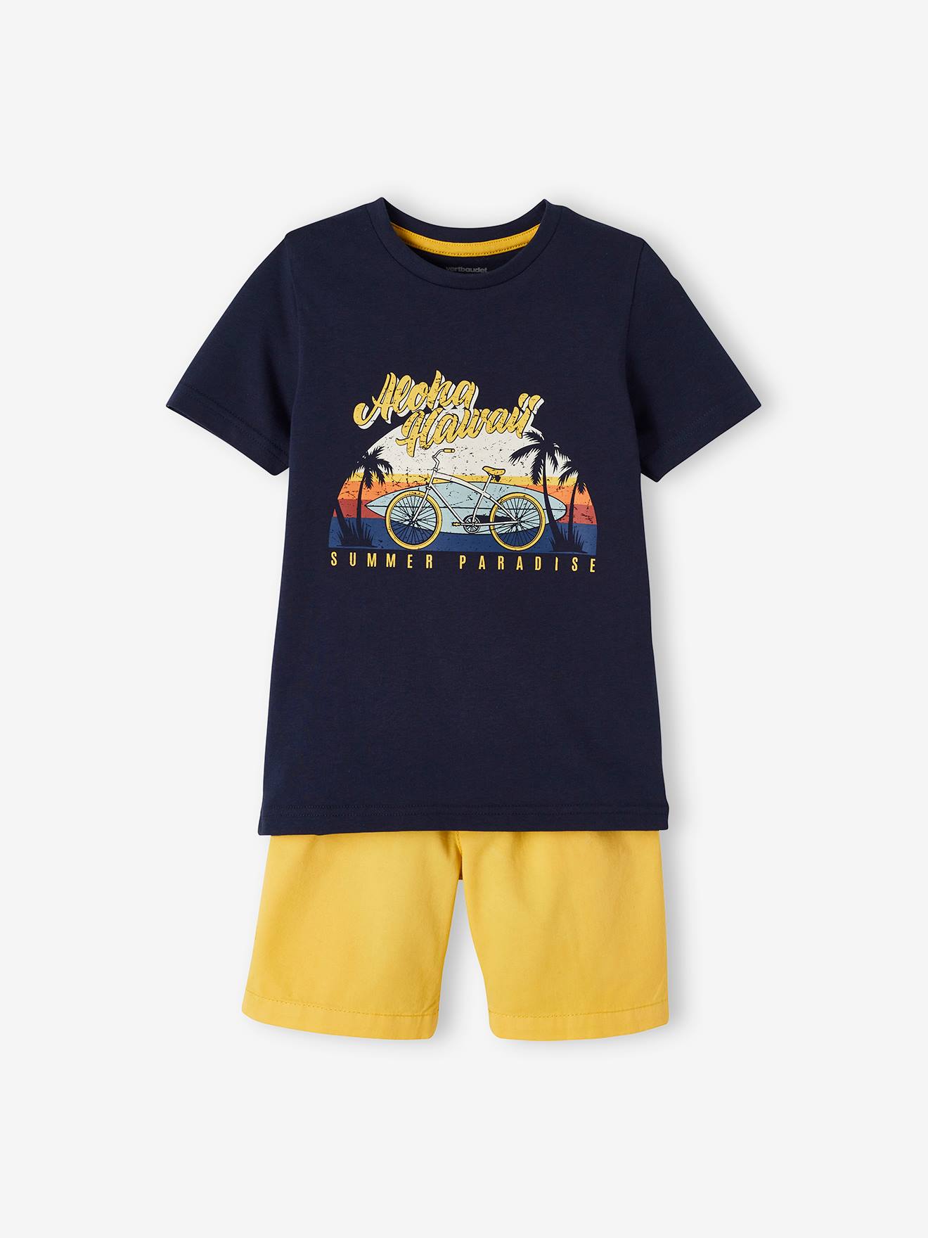 Ensemble tee-shirt motif Hawaï et short en toile garçon jaune moutarde