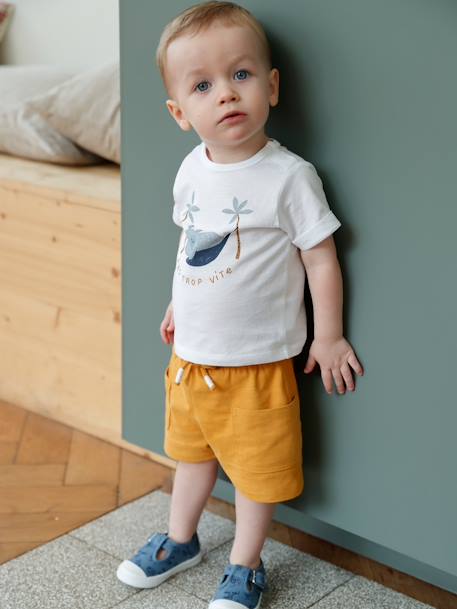 Ensemble T-shirt imprimé + short baggy bébé blanc+kaki 2 - vertbaudet enfant 