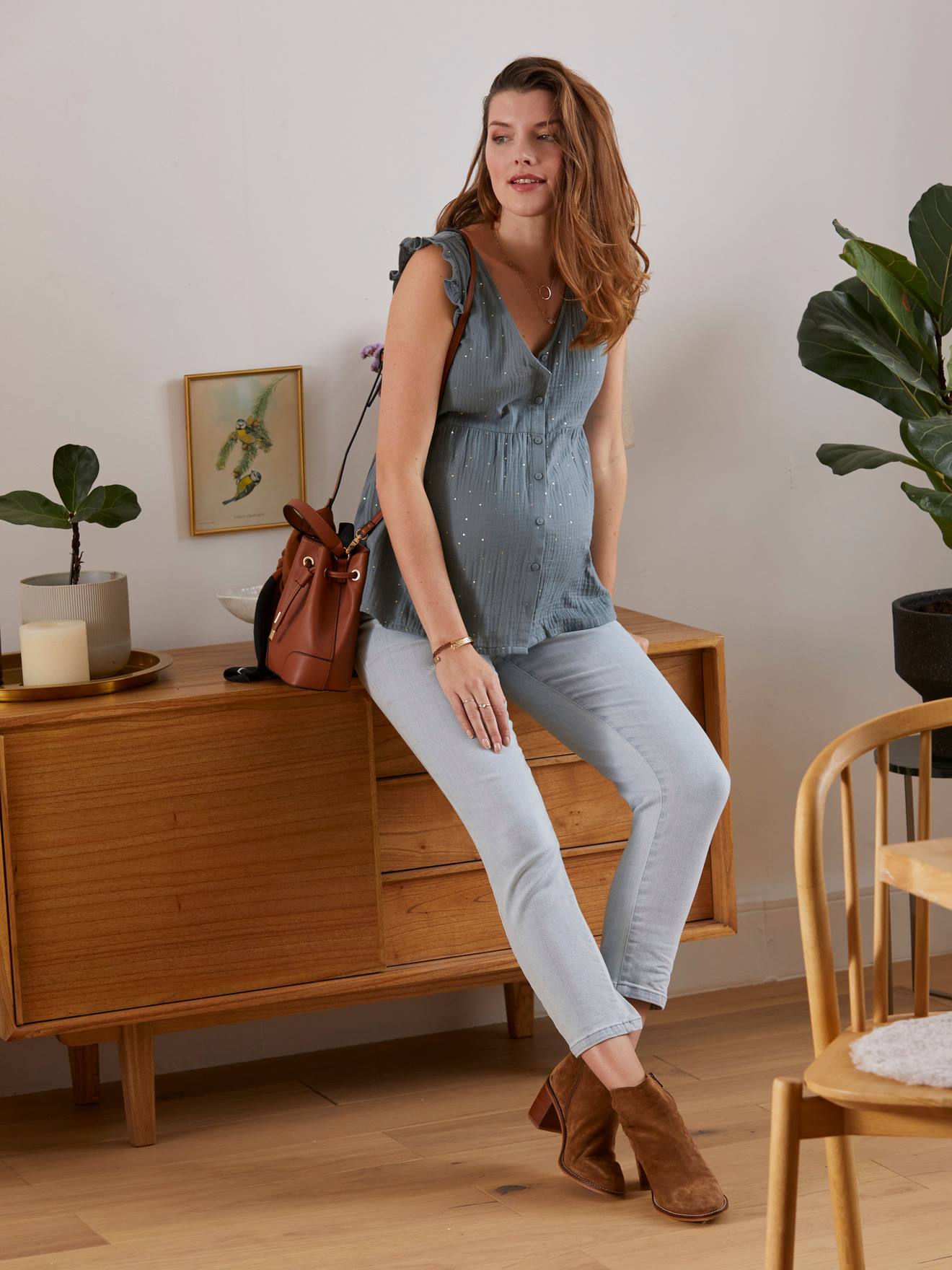 Blouse de grossesse et d'allaitement gaze de coton vert moyen uni avec decor