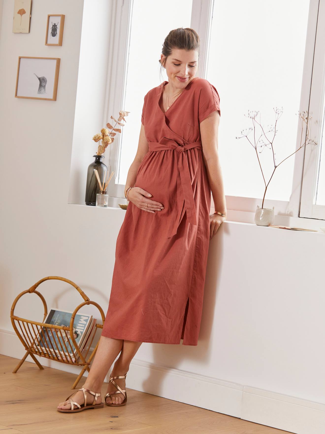 Robe longue cache-coeur lin et coton grossesse et allaitement rouge